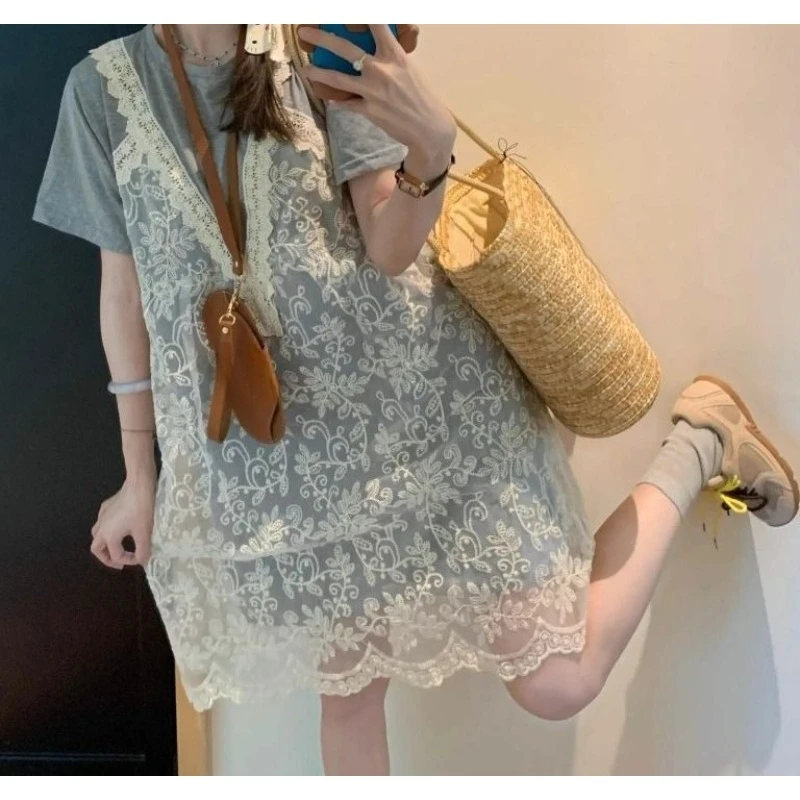 

Lace Splicing T-shirt Dress Women's 2026 Summer Korean Version Short-sleeved Crew Neck Loose Casual Dress
