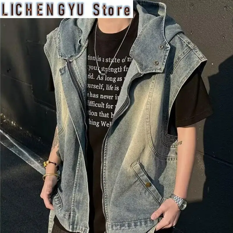 

Джинсовый жилет в стиле ретро, мужская одежда, весна/лето/осень, модные крутые стильные свободные повседневные джинсовые куртки без рукавов с капюшоном, мужские топы