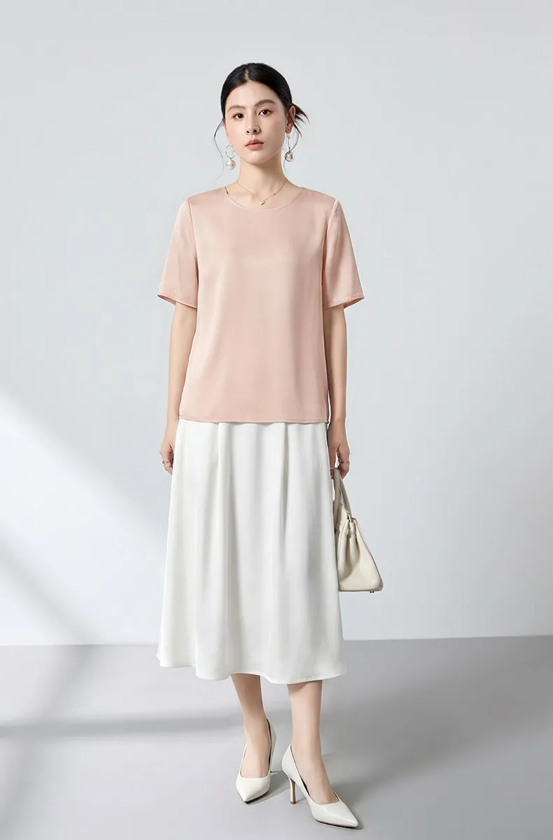 BirdTree-20MM 41.1%Silk 49.7%Viscose Elegant T-Shirt, Short Sleeve O Neck Solid, Women Basic Loose Top, 2026 Summer New T63739CC