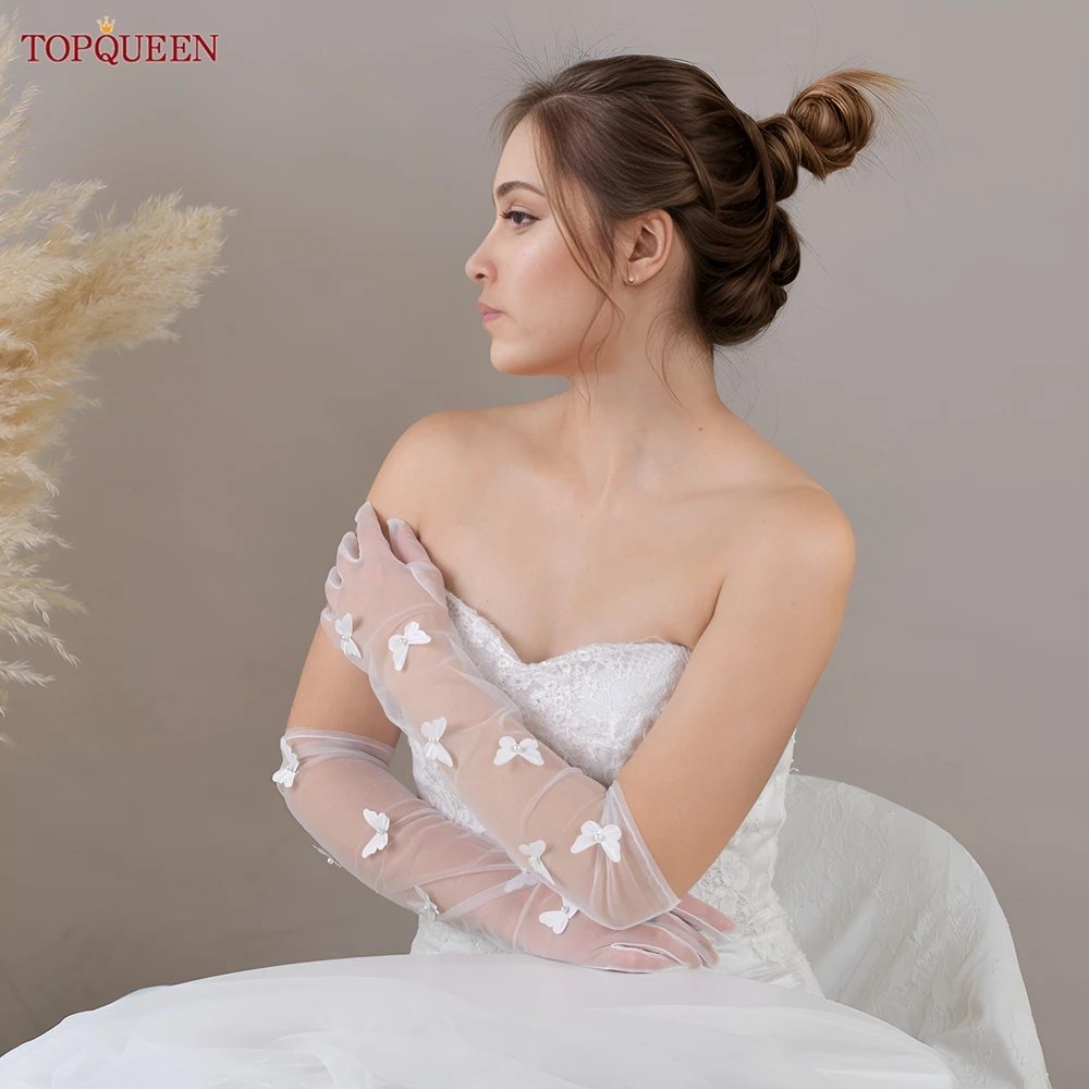 TOPQUEEN  Bridal Gloves With Off White Applique Butterfly High-Quality Gloves Elbow Length Party Performance Accessories Diy T09