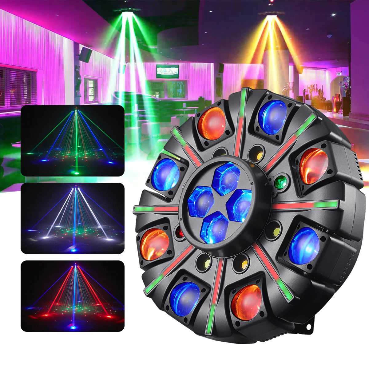 Projecteur professionnel à tête mobile 150W à 8 bras, lumière d'effet de scène LED RGBW 4-en-1, DMX512, modes sonore et automatique, éclairage DJ pour discothèque, concert, KTV, mariage, bar, spectacle