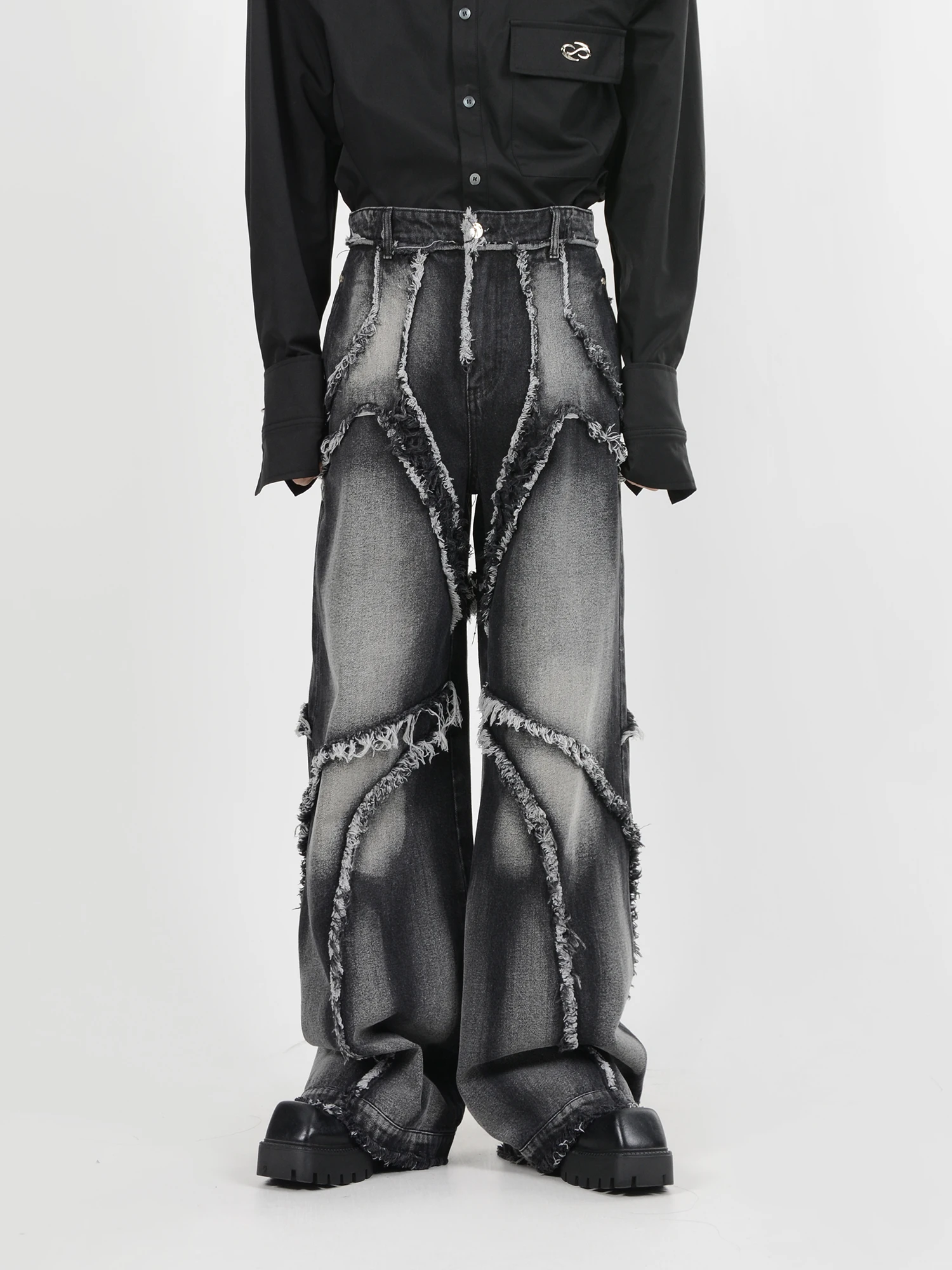 

Dark Avant-Garde Style Pants Deconstructed Heavy Wash Made Old Jeans With Small Loose Fringe Wide Leg Mopping Pants
