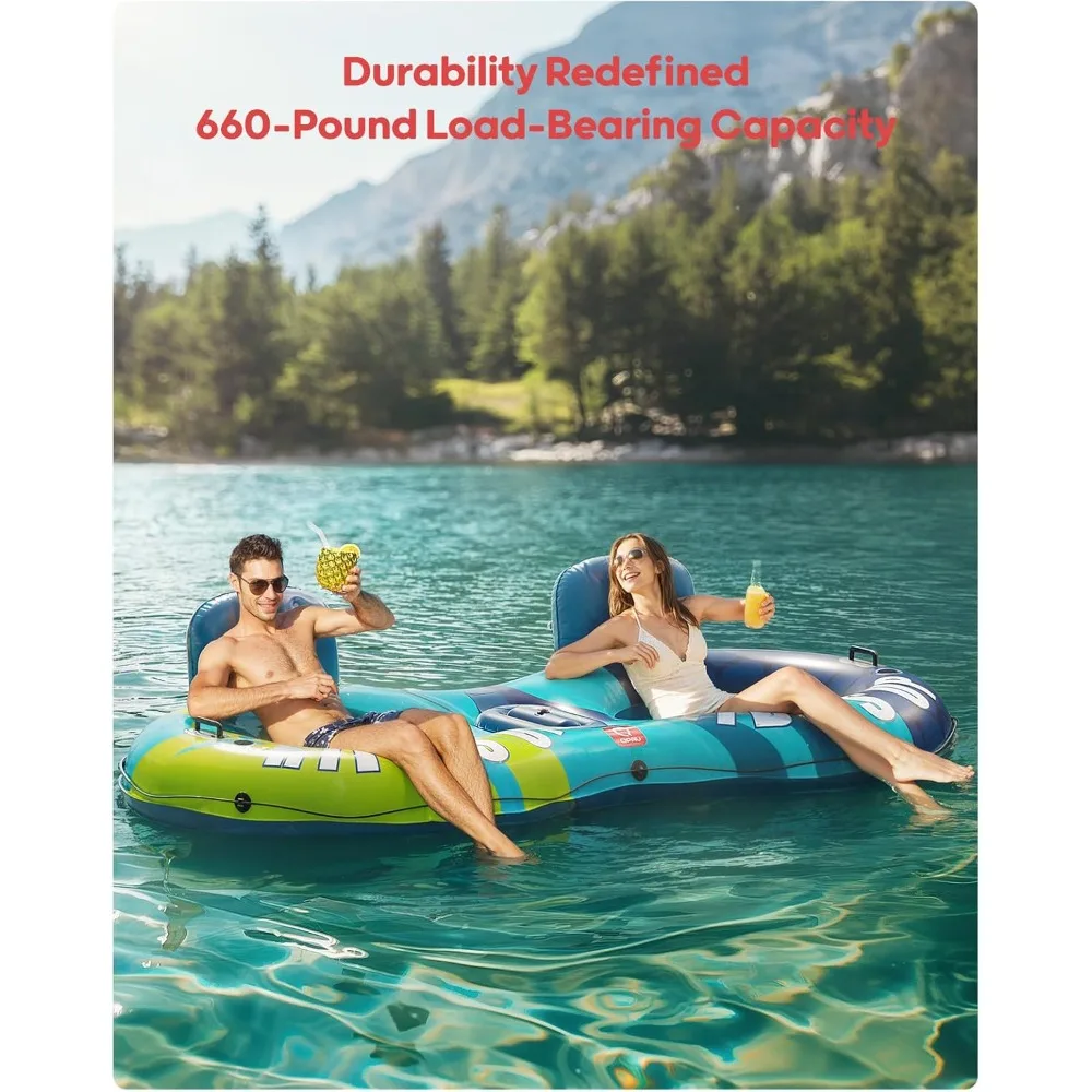 

Inflatable Double River Tube, 2 Person 660lb Capacity, 93" Sturdy Heavy Duty River Float, with Ergonomic Backrest, for Family