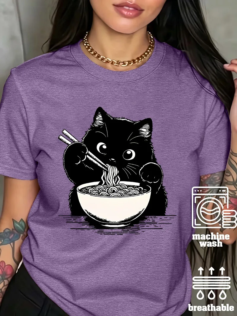 Women's T-shirt Cute Black Cat Eating Ramen Noodles Graphic T Shirt Cartoon Cat Print Short Sleeve Crewneck Tee Summer Casual