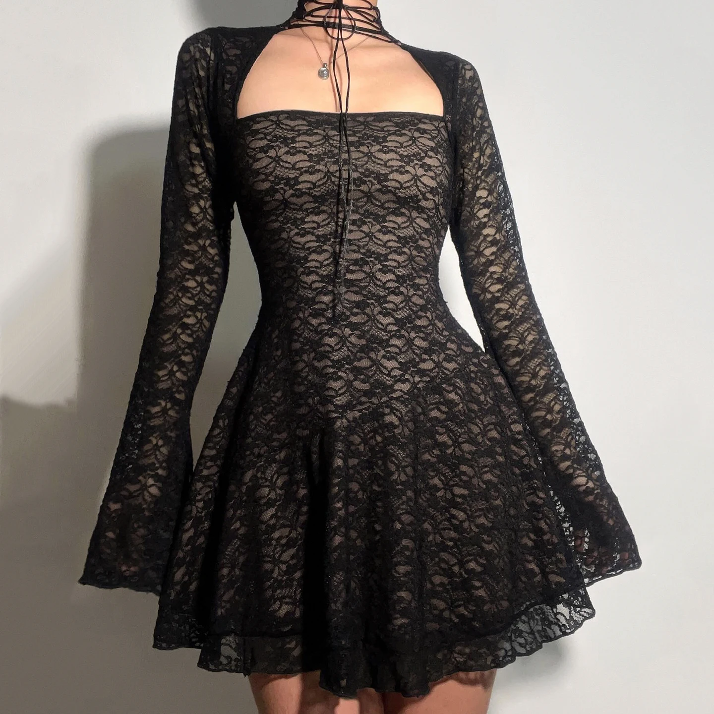

Elegant Fashion Sexy Lace A-Line Dress See Through Dark Bandage Backless Square Collar Long Sleeve Mini Dresses For Women 2025