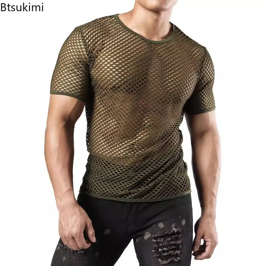 New 2025 Men's Sexy Mesh T-shirts Transparent Hollow Out Fishnet Short Sleeve O-neck Tops Men Sport Fitness Tees Nightclub Vest