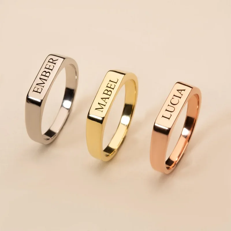

2025 Custom stainless steel flat bar engraved couple ring simple can engrave LOGO ring anniversary gift