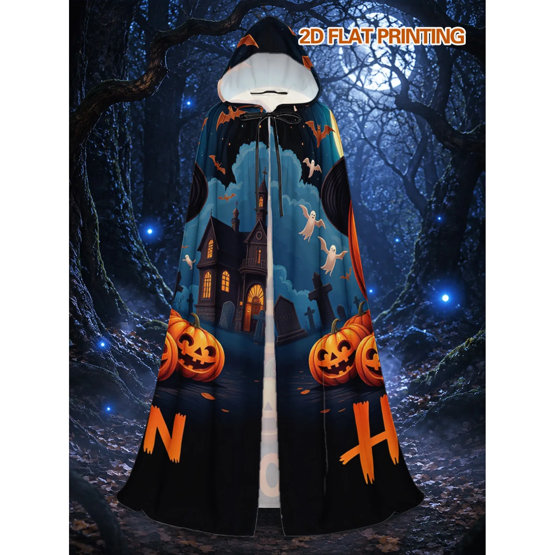 Halloween Pumpkin Haunted House Print Hooded Cloak Long Polyester Robe for Adults Cosplay Party