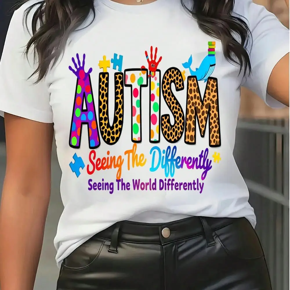 Women s Autism Awareness Graphic Short Sleeve T-Shirt - Casual Crew Neck Tee With Colorful Puzzle Hand, Leopard Print Letter Inspirational Seeing