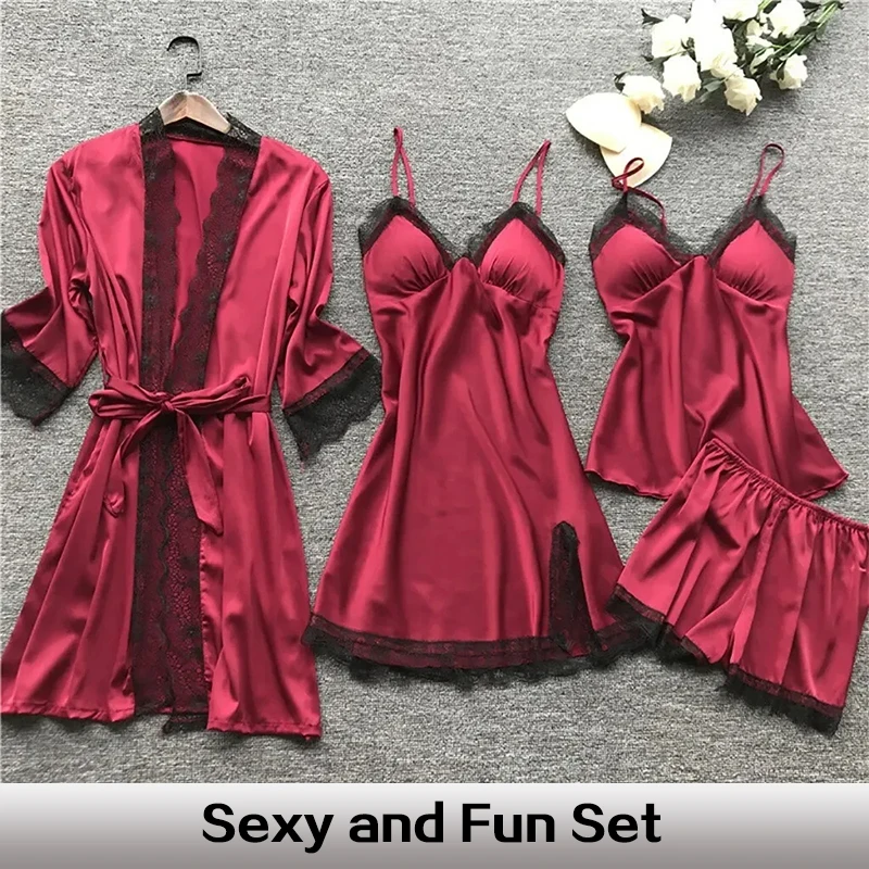 Women\'s 4-PCS Satin Solid Color Lace Trimmed Long Nightgown with V-Neck Camisole Nightgown and Camisole Vest Shorts Pajama Set