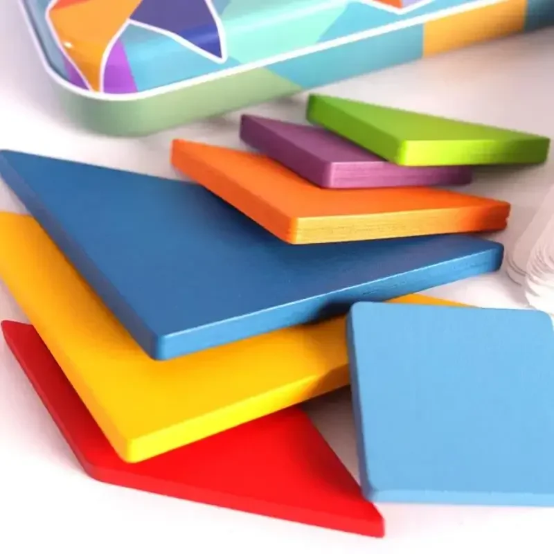 Rompecabezas Tangram de madera para niños, puzle de almacenamiento colorido con caja de hierro, Educación Temprana Montessori, juguetes con letras y números de inteligencia