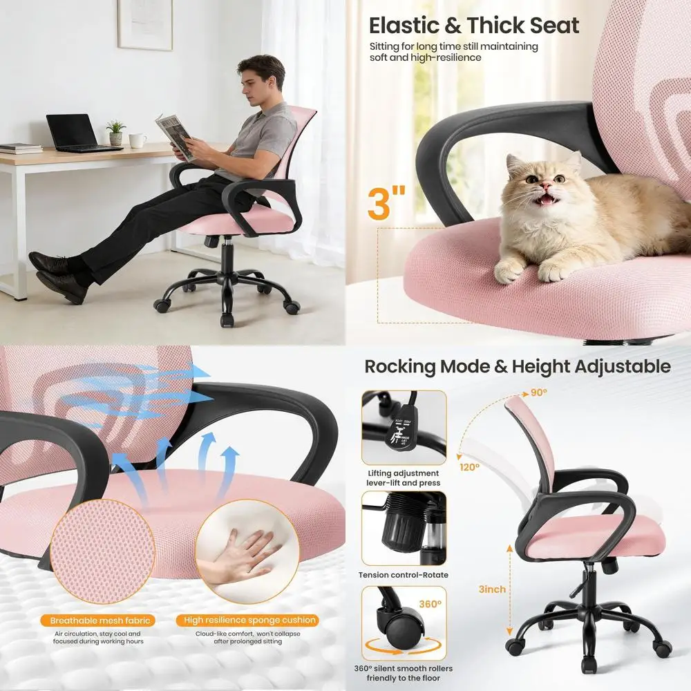 

Эргономичное офисное кресло с сетчатой спинкой, регулировкой высоты сиденья, роликовыми колесиками и поясничной поддержкой, розовое