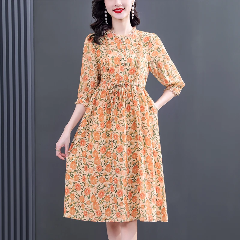 

Fashion Luxury Chic Silk Midi Dress Women Floral O-Neck Loose Waist Casual Dress Summer Korean Vintage Party Evening Dress