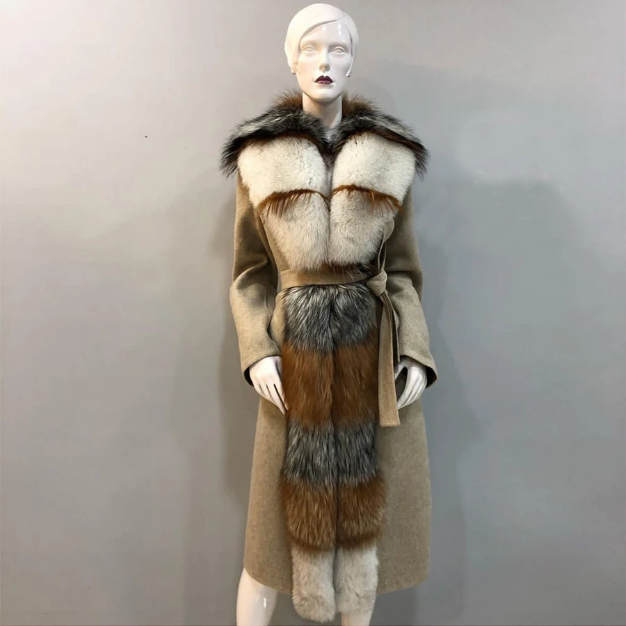 Cappotto in lana di cashmere con pelliccia di volpe naturale Giacca invernale in vera pelliccia per donna Cappotto lungo in misto lana di lusso