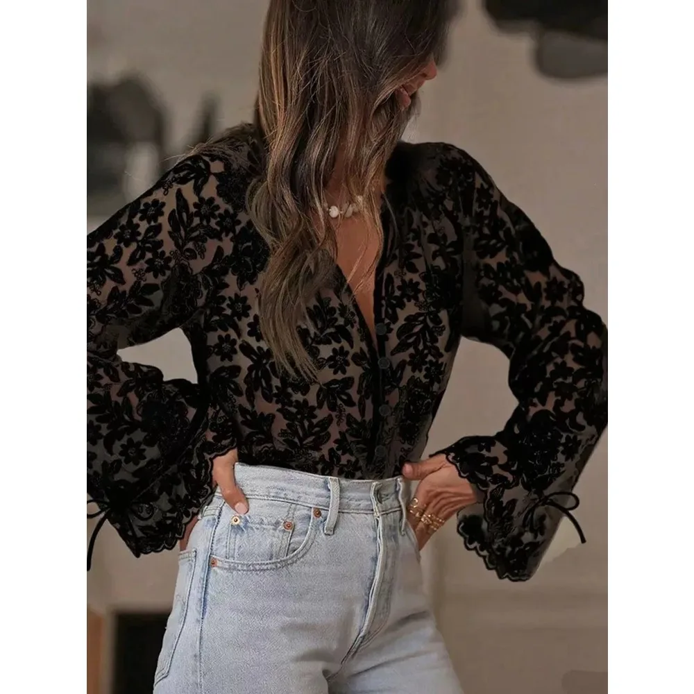 Women's Hollow Out Lace Blouse New Korean European Style Casual Lace Shirt Elegant See Through Ladies Daily Wear Tops
