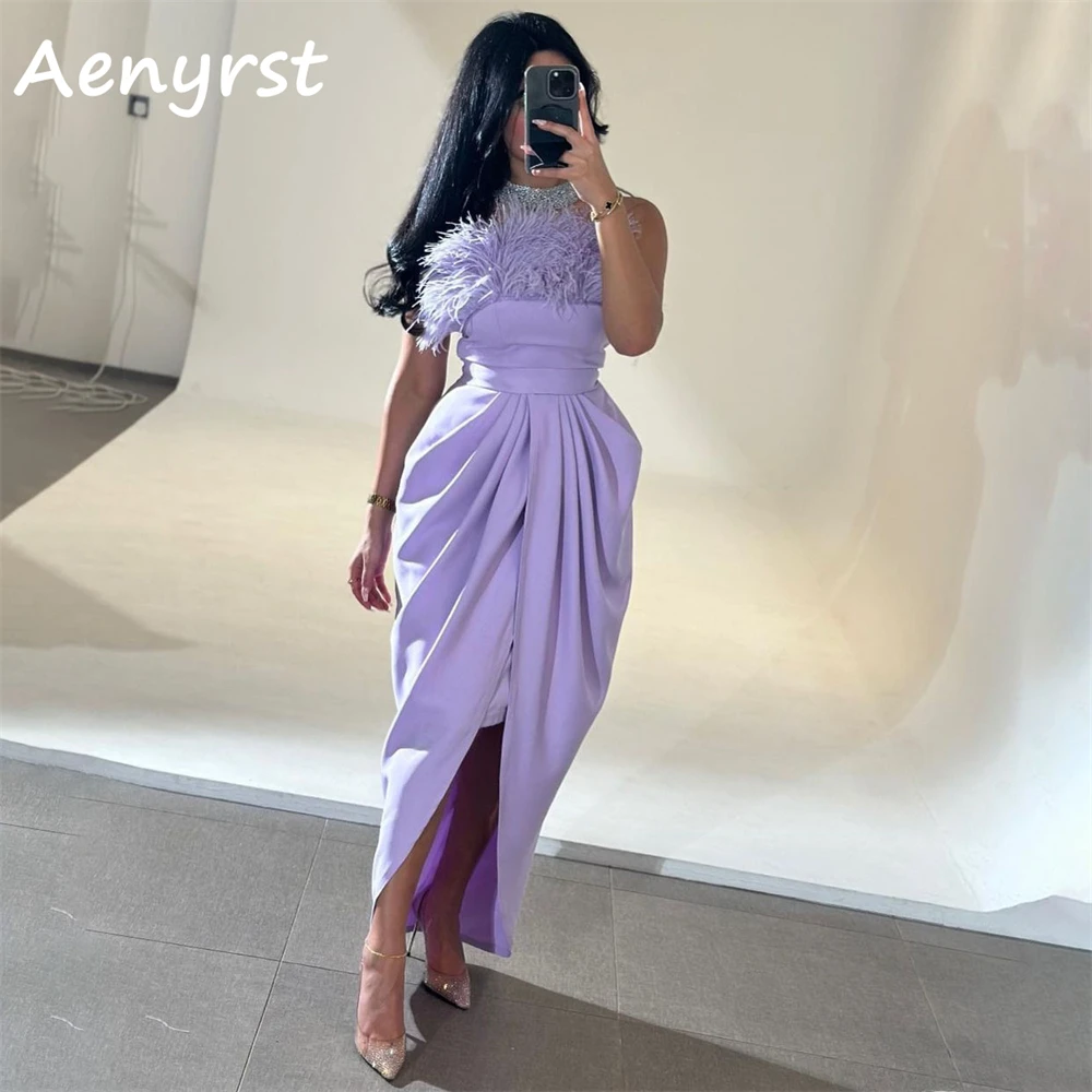 

Aenyrst Purple Strapless Feathers Prom Dresses Mermaid Pleated Middle Split Evening Gowns Ankle Length Formal Occasion Dress