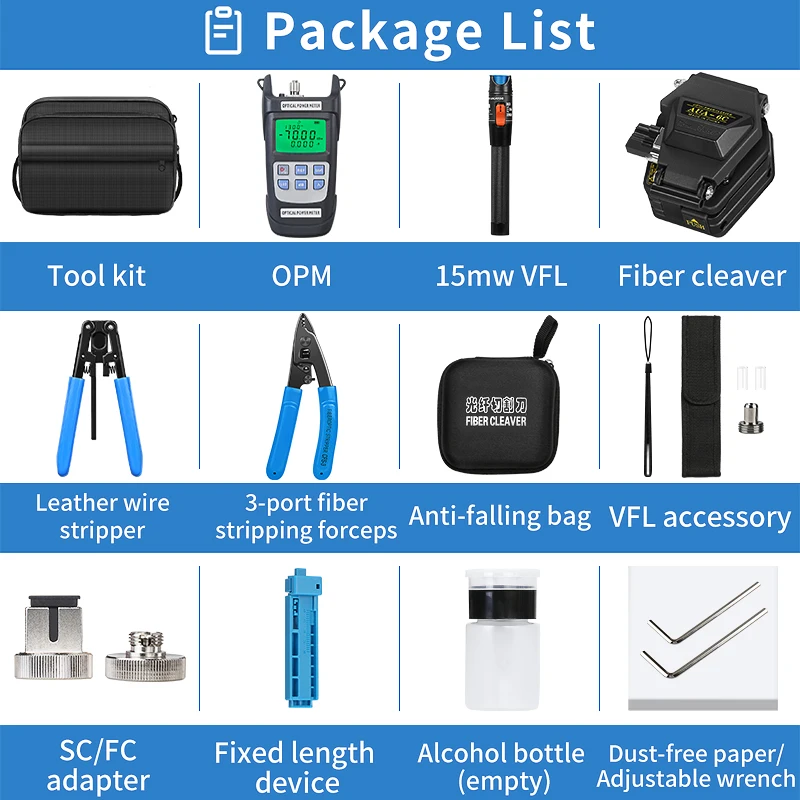 2025 19 teile/satz FTTH Fiber Optic Tool Kit mit Fiber Cleaver -70 ~ + 10 dBm Optische Power Meter Visual Fault Locator 15 mw