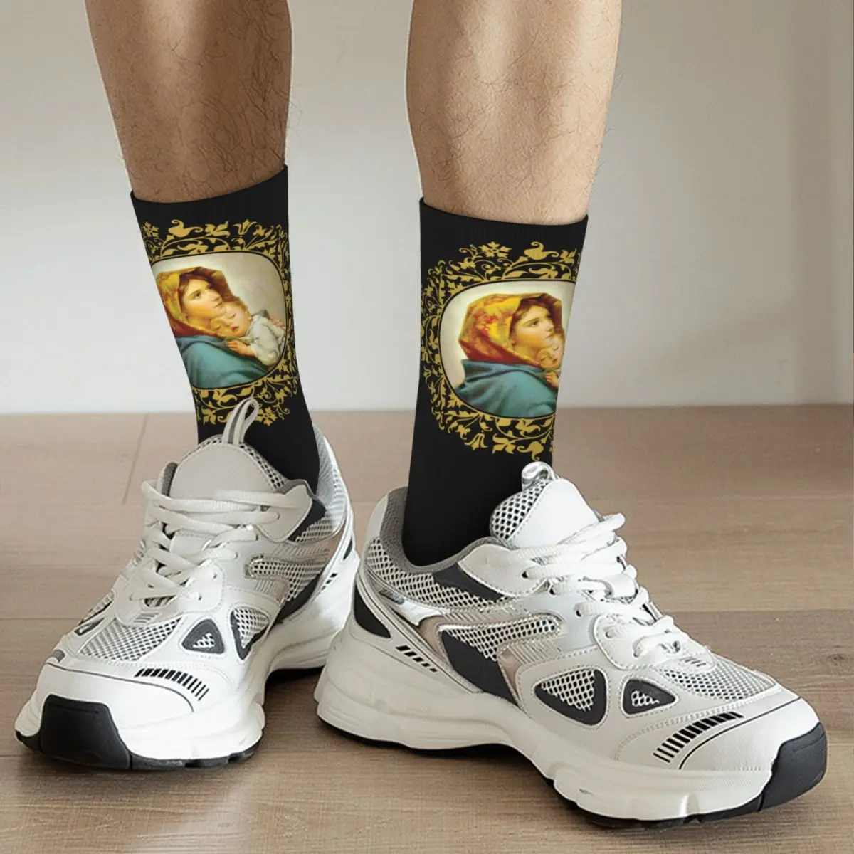 Funny Virgin Mary With Jesus Child Basketball Socks Catholic Polyester Long Socks for Women Men