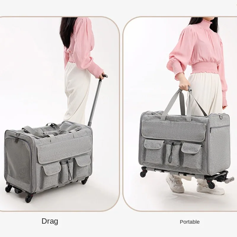 Carrier with Wheels, Large Capacity, Collapsible, Breathable, Outdoor, Cat, Dog Carrier, with Large Pockets