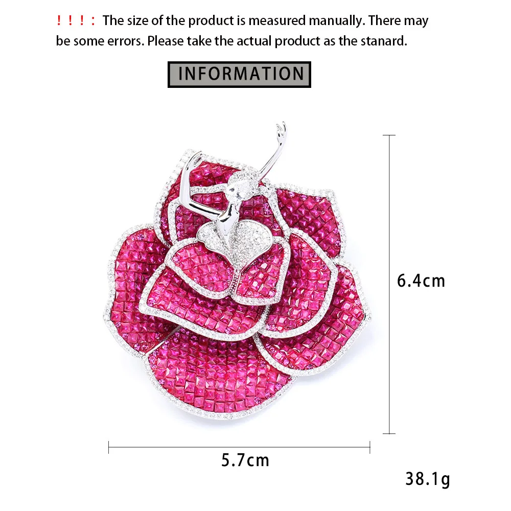 New Elegant Heavy Industry Flower Fairy Dancer Blue Red Crystal Brooches Full Diamond High end Luxury Rose Pin Female Broche