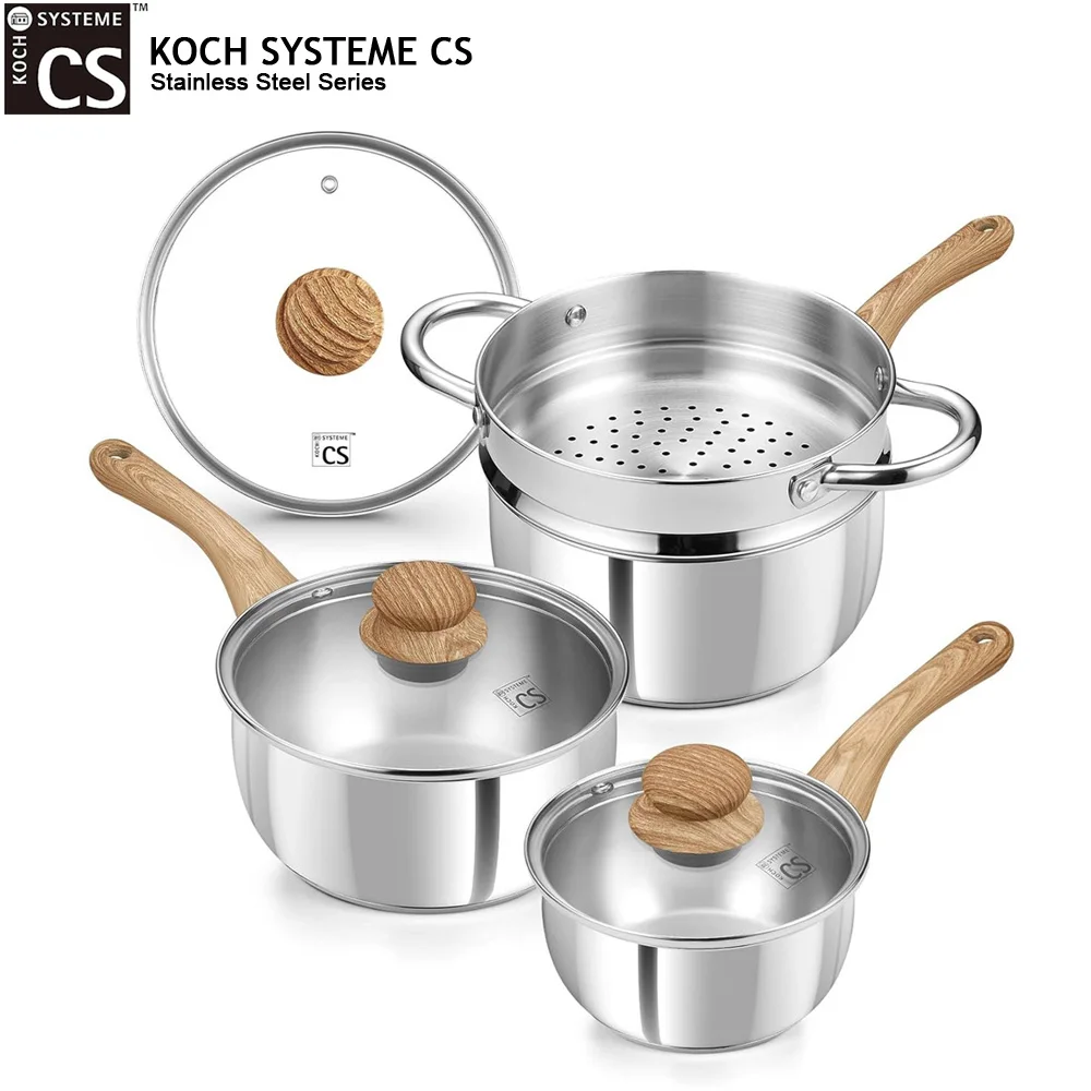 

Набор кастрюль KOCH SYSTEME CS из 7 предметов из нержавеющей стали с пароваркой, 1QT, 2QT, 3QT, многофункциональная кастрюля для молока, с трехслойным стальным дном, сотейник