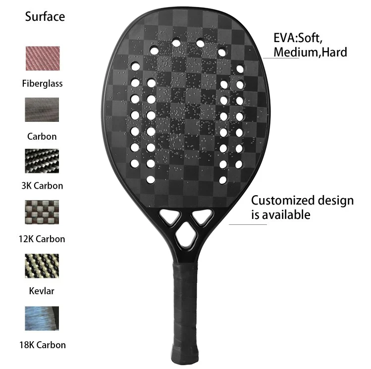 3K/12K/Kevlar Beach Tennis Racket, Carbon Fiber 22mm Profile Grit Surface Racket Soft EVA Core Professional Tennis Paddles Black