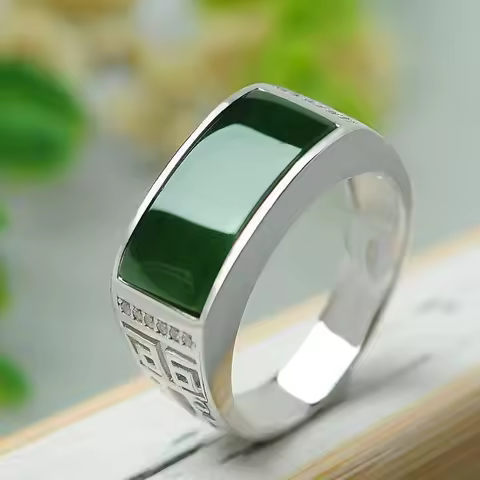 Real green natural hetian jade ring 925 sterling silver couple rings men women jewelry lucky stone jade finger ring