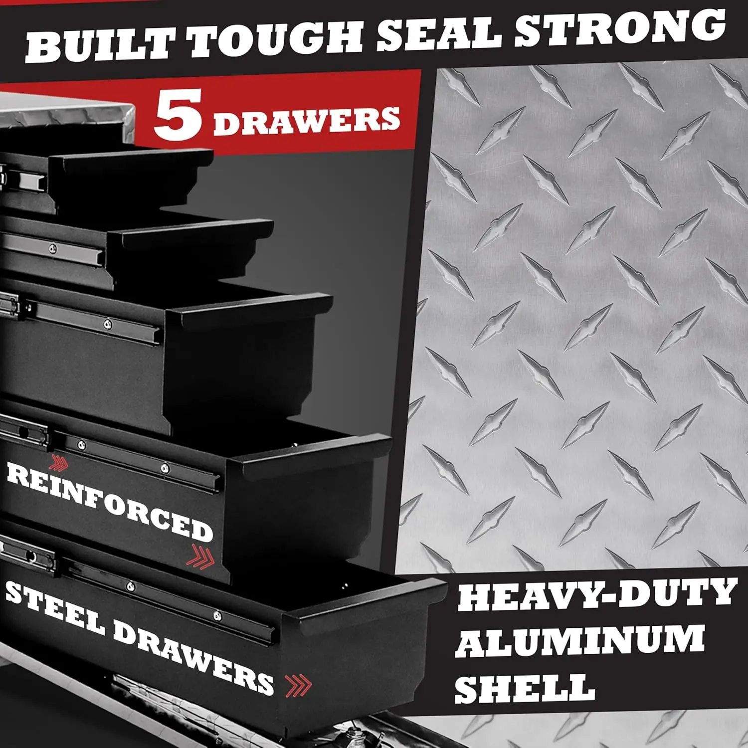 صندوق أدوات سرير الشاحنة مع شرائح 5 أدراج |   أداة تخزين الصدر للأدوات المصنوعة من الألومنيوم شديدة التحمل قابلة للقفل للبيك اب وموقع العمل والشاحنات الجانبية |   8-