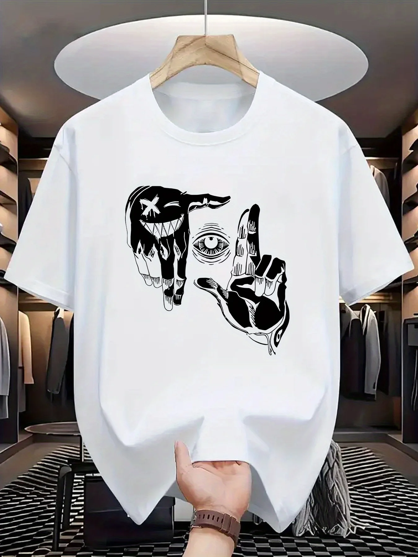 Summer men's 100% pure cotton casual loose plus size gesture eye personalized pattern printed round neck short sleeved T-shirt image 6