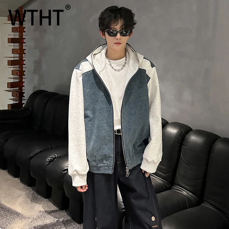 

WTHT модные осенние мужские джинсовые пальто контрастного цвета 2025 года, модные мужские куртки с капюшоном в американском стиле 2A2148
