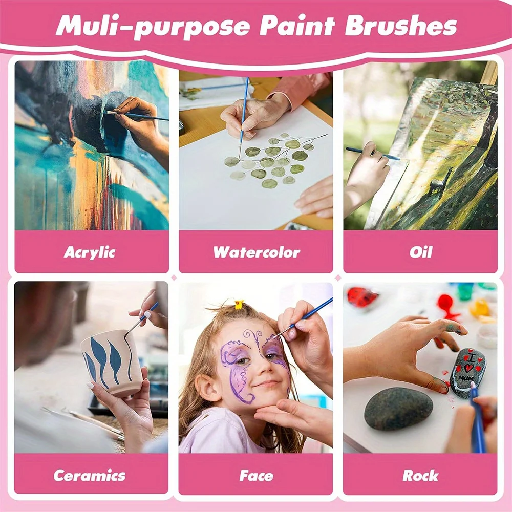 50Pcs Painting Brushes Set Art Round Flat Hair Nylon Hair Paint Brush for Oil Acrylic Watercolor