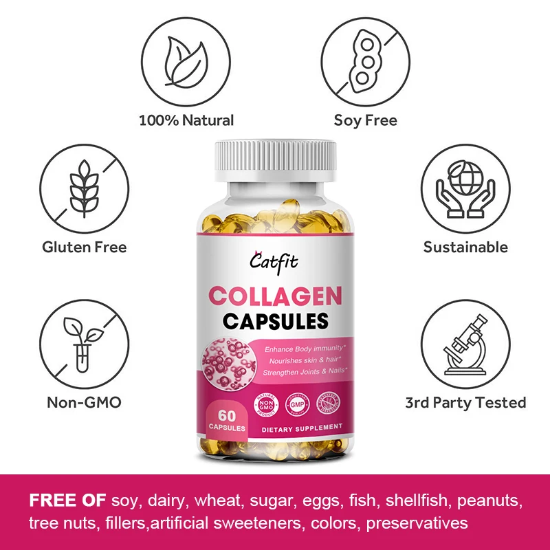 Catfit Organic Collagen Supplement Capsules for Hair Skin Firming&Plump Skin&Moisturizing Health Care Food Vitamin C Dietary