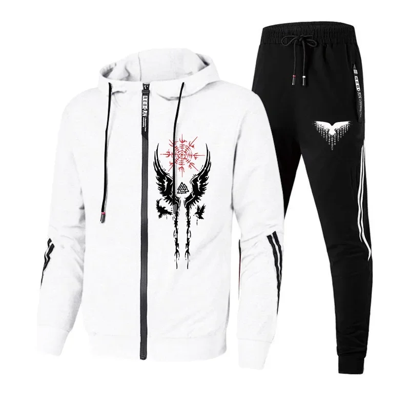 

Autumn Winter Daily Casual Sporty Hoodies SetAncient Viking Raven Print Tracksuit for Man High Quality Zip-up Jacket Sweatpants