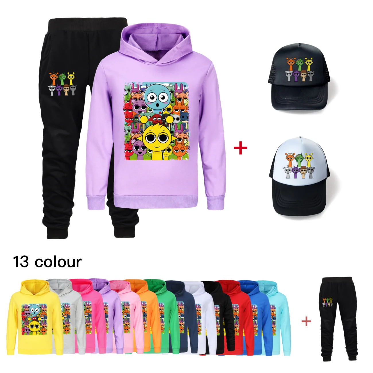 Cute Sprunki Hoodie Kids Clothes Baby Girls Hoody Sweatshirts Pants Cap Hat 3pcs Sets Teenager Boys Tracksuit Children Clothing