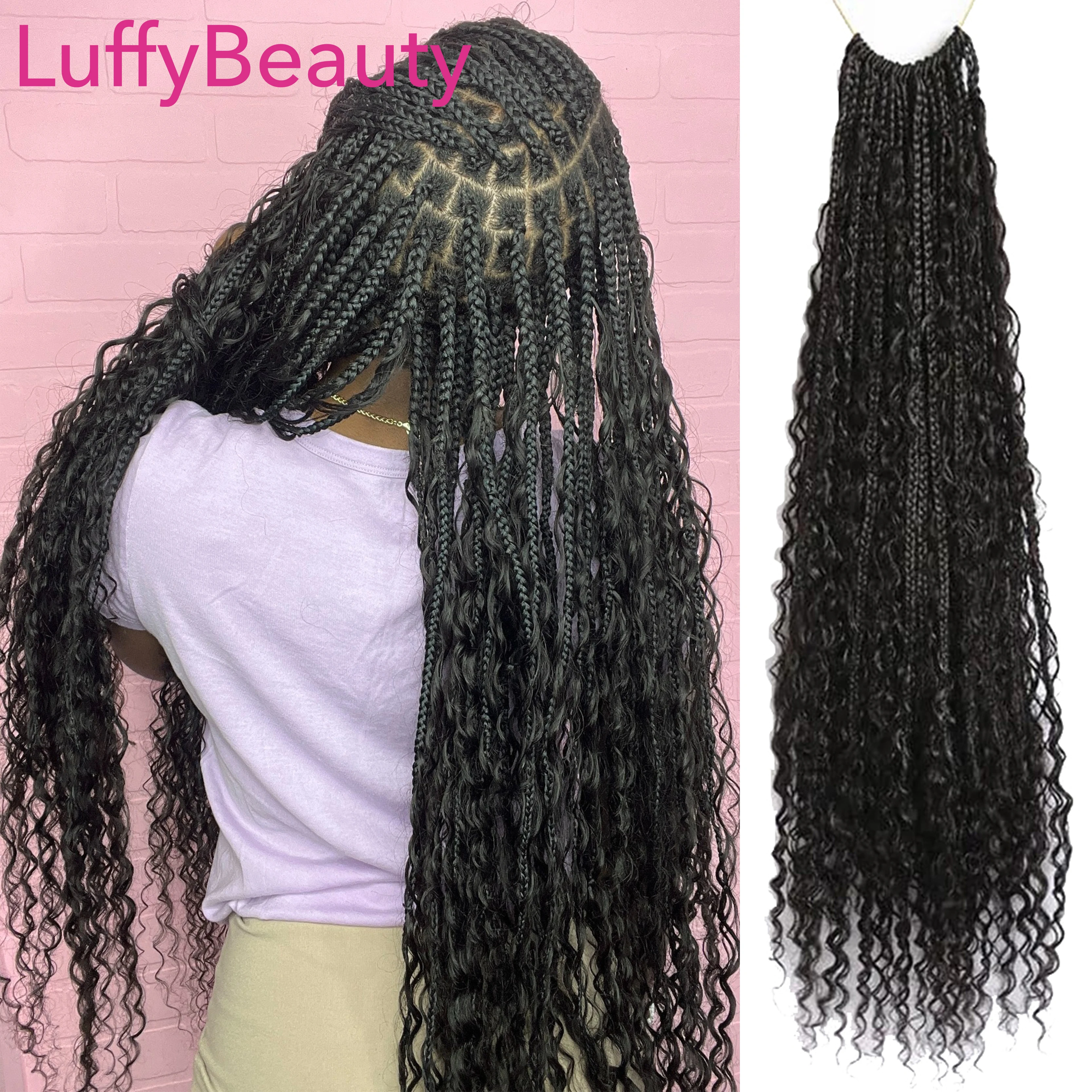 Pre-looped Boho Box Braids Crochet Hair With Human Hair Curls Boho Braids Curly Full Ends Hair Extensions For Women 14-30inches