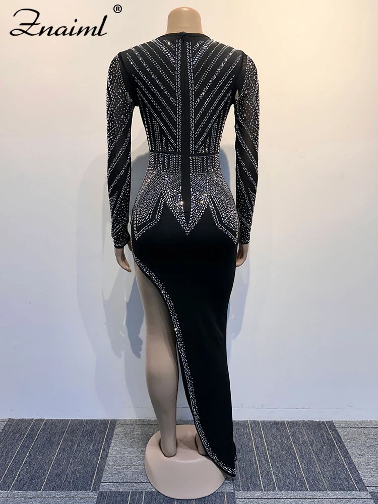 Znaiml Luxury Birthday Diamonds Rhinestones V Neck Long Sleeve Hypotenuse Maxi Dress Women‘s Sexy Night Club Even Wedding Guest