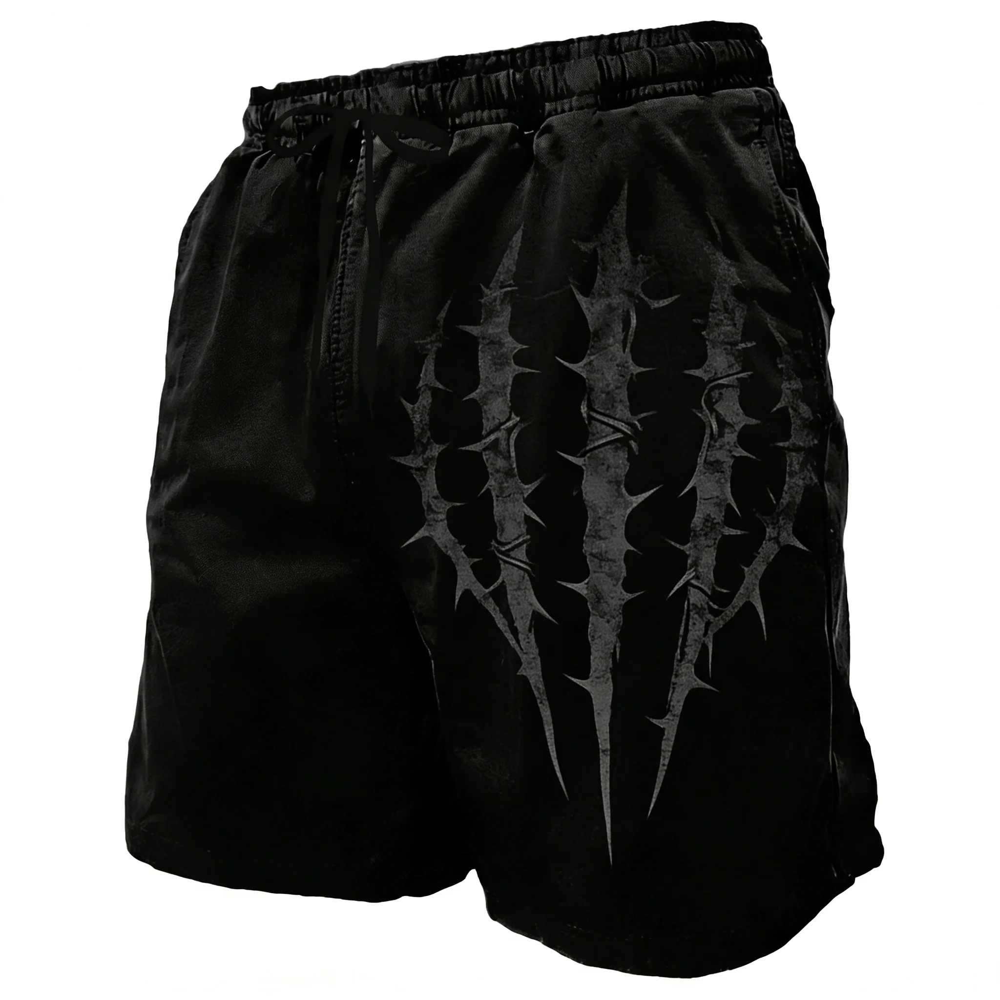 Men's Black Cracked Skull Print Drawstring Shorts, Spring Summer Dark Street Casual Shorts, Pocket Beach Shorts