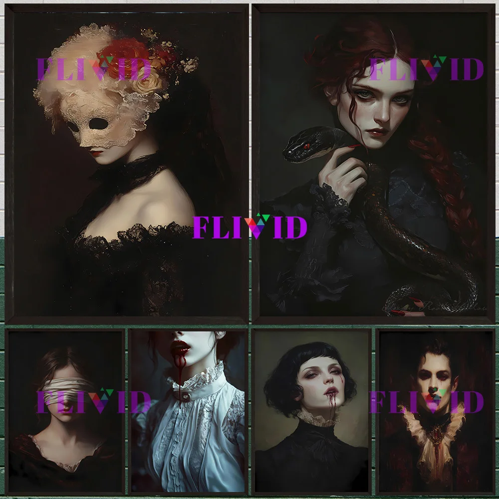 

Vampire Duchess Wall Art Canvas Painting, Victorian Gothic Wall Decor Art Poster Macabre Baroque Portrait Print Picture Decor