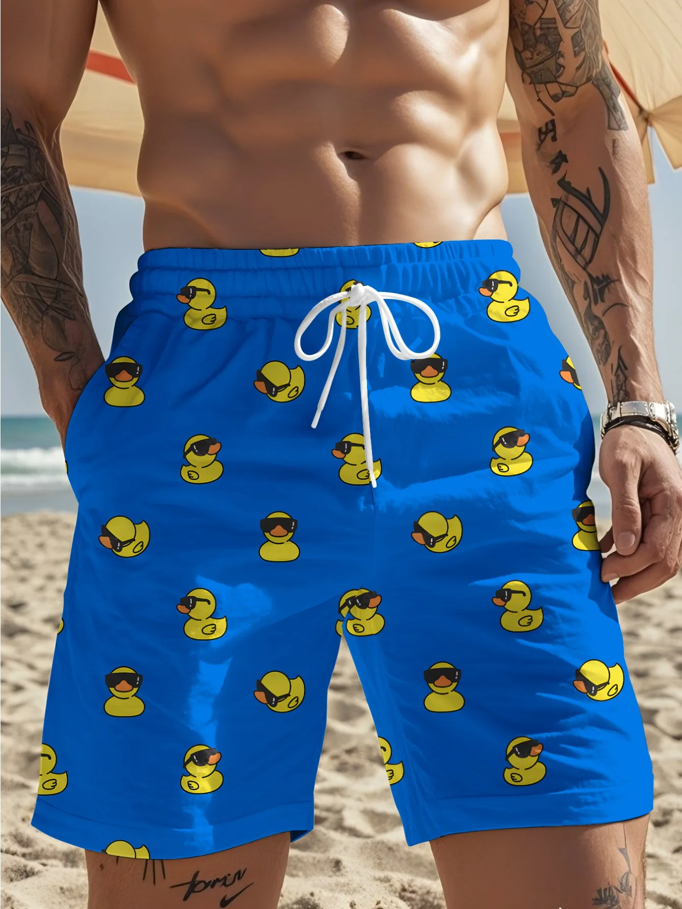 Men's Summer Shorts with Blue Base, Fashion Glasses, and Little Yellow Duck Print - A Must-Have Vacation Style for Fun Summer Fa