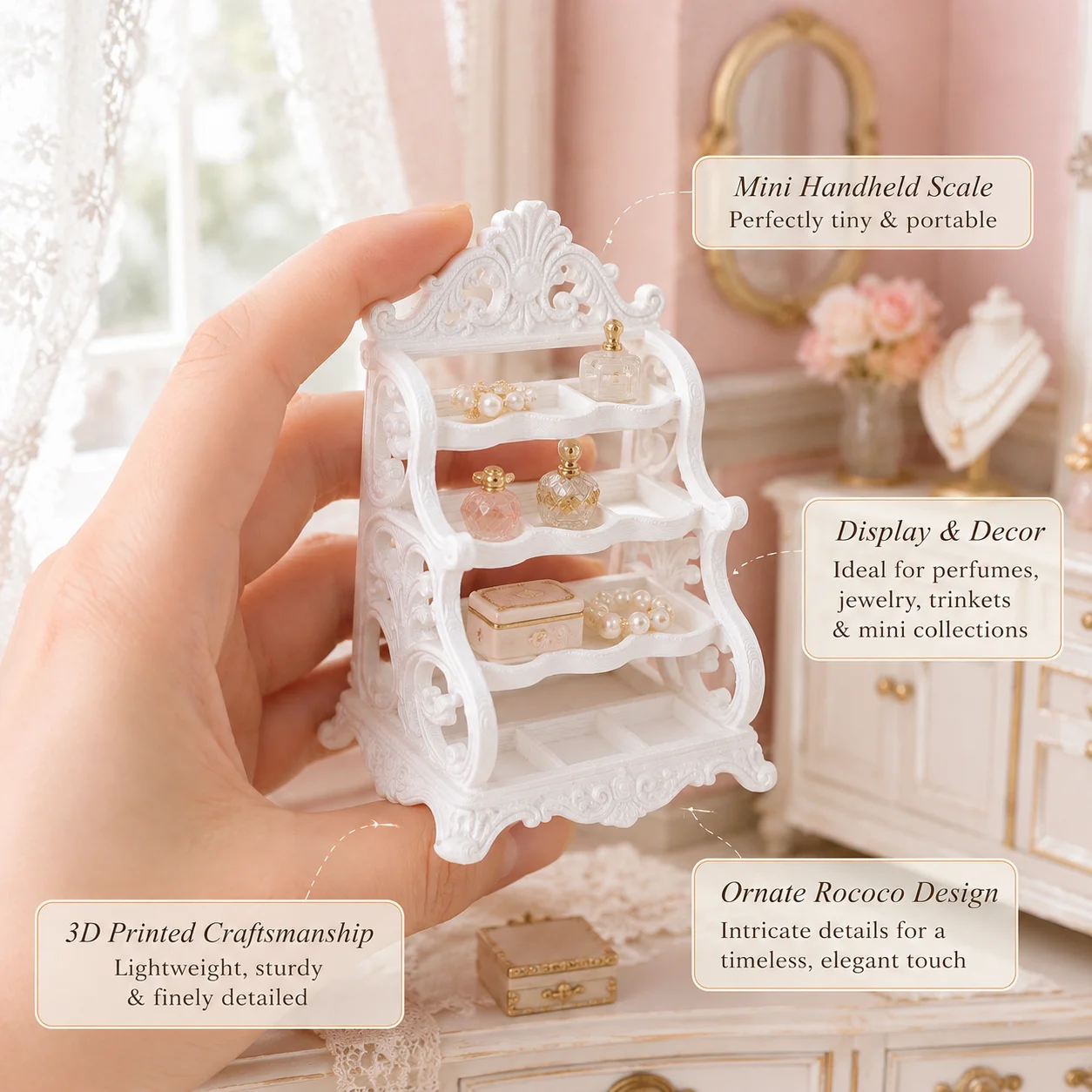 Miniature carved shelves, four-layer compartmentalized storage rack, dollhouse entrance furniture decorative accessories. view 5