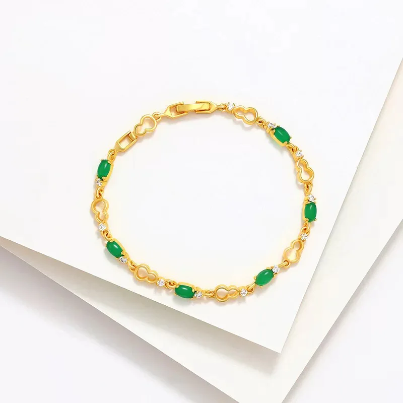 24K real gold hollow gourd bracelet female Korean version fashion au999 gold set zircon green gem bracelet women's jewelry