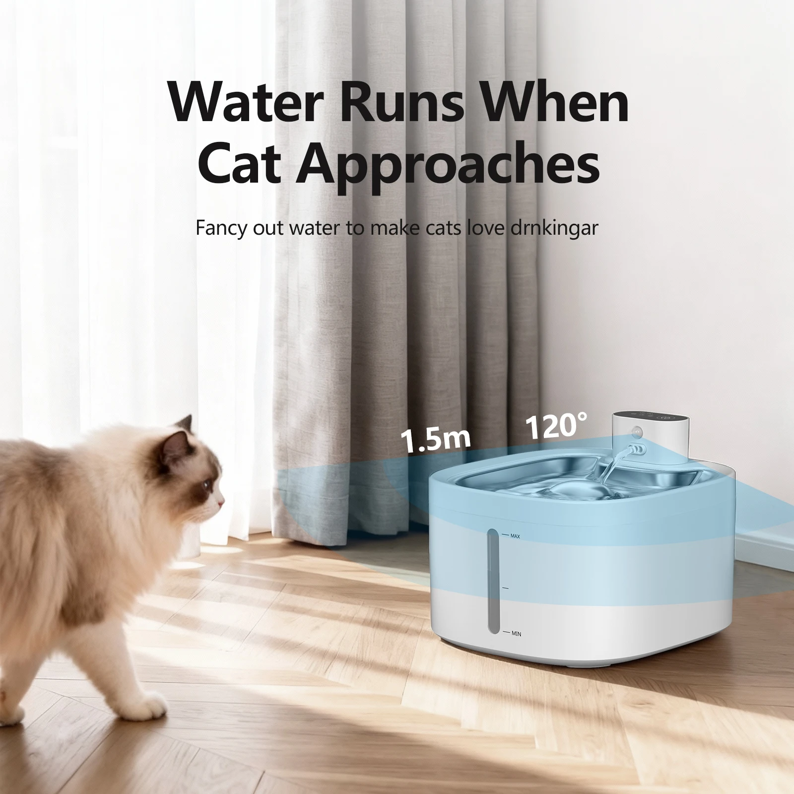 ワイヤレス猫用浄水器 スマートセンサー 304ステンレス鋼 自動循環ろ過 静音 猫用給水器 水位確認機能付き