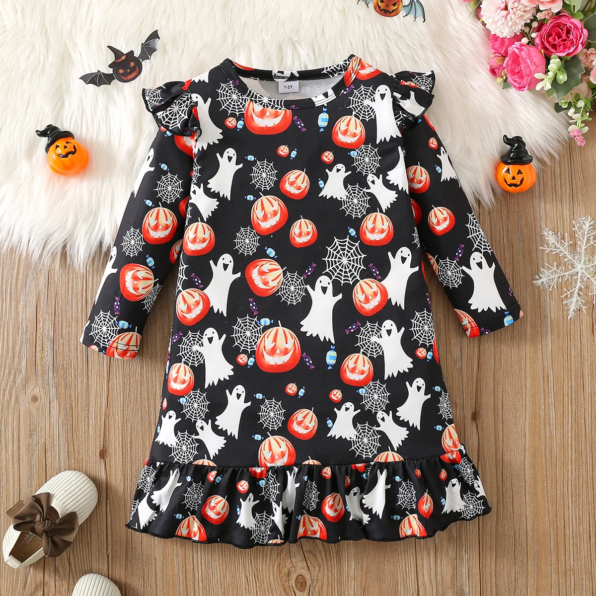 Toddler Girls Halloween Cartoon Dress Flutter Sleeve Elf Pumpkin Lantern Allover Print Ruffle Hem Lace Casual Dress
