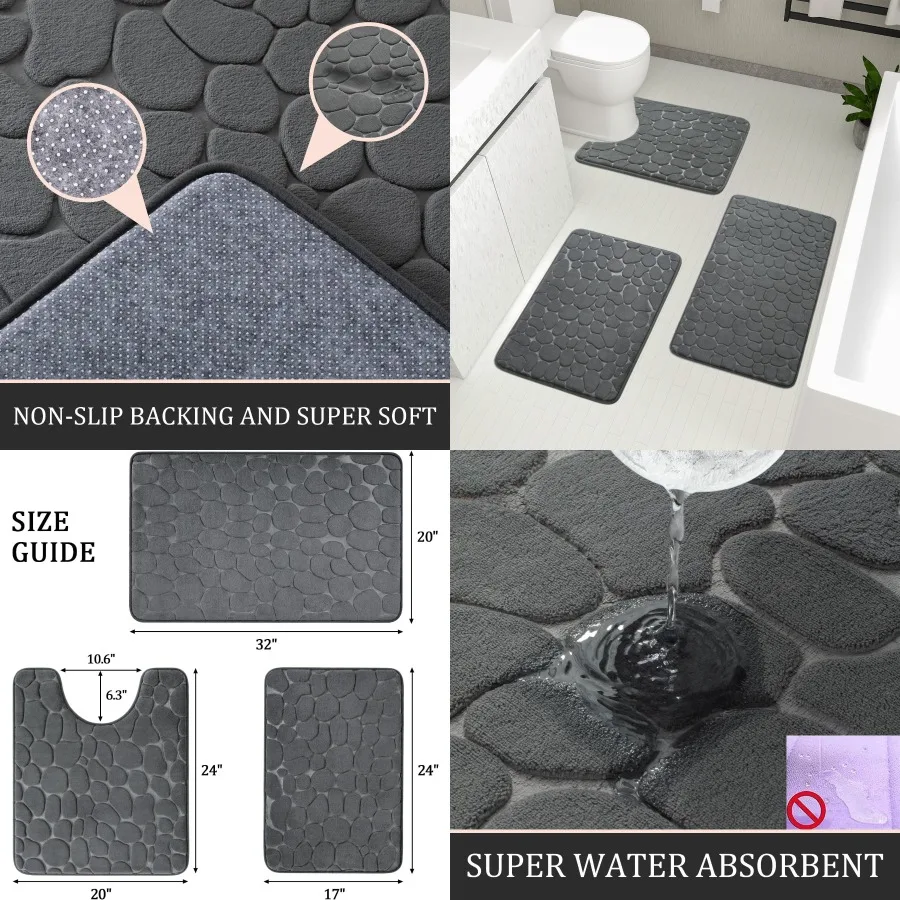 

Комплект из 3 темно-серых ковриков для ванной комнаты из пены с эффектом памяти с нескользящим основанием для повышенной безопасности и водопоглощения. Идеально подходит для использования вокруг S.