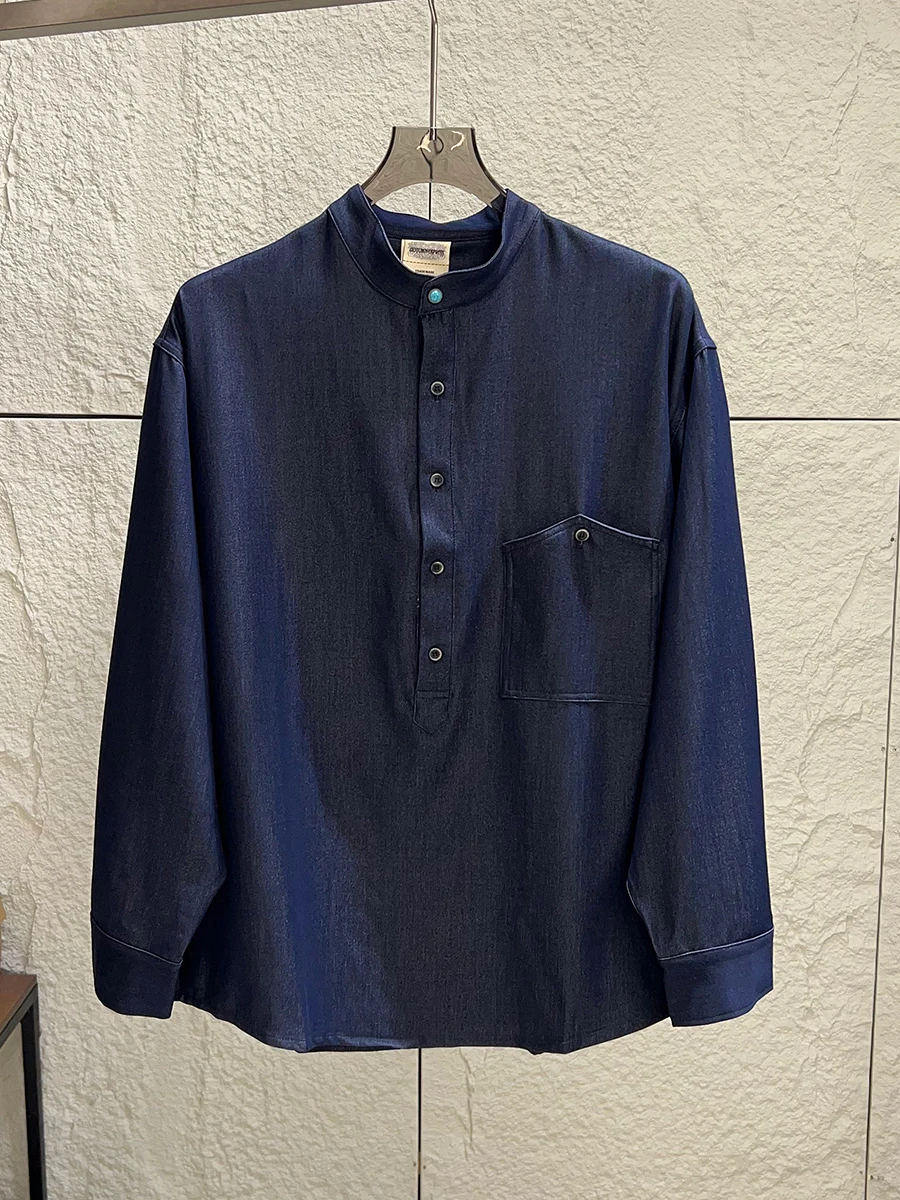 

New Chinese Style Loose Casual Men's Denim Shirt with Stand Collar Lenzing Lyocell Fiber Resistant Wear Autumn Season Fashion