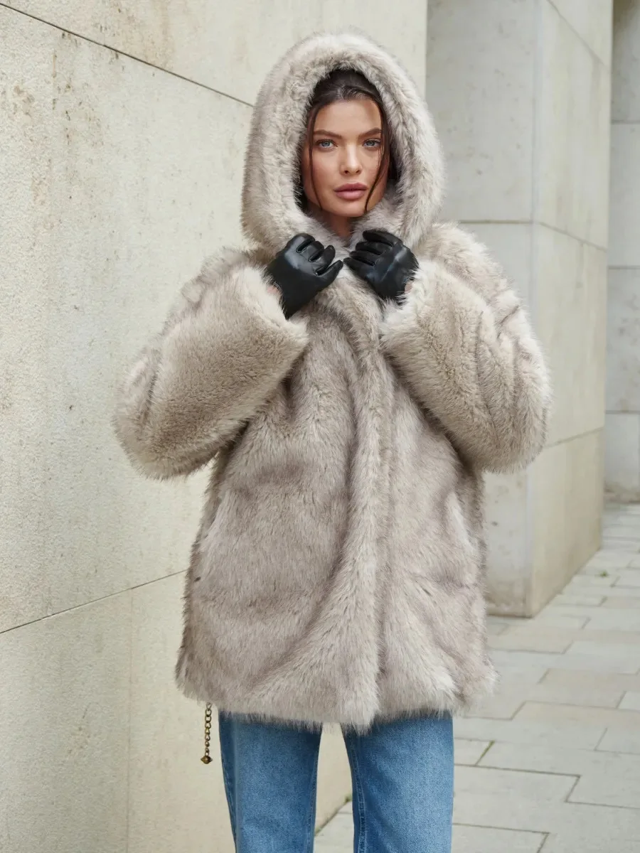 Winter Luxury Thick Warm Soft Faux Fur Jacket Coat Women With Hooded High Quality Fluffy Jacket Oversized Female Fur Overcoat