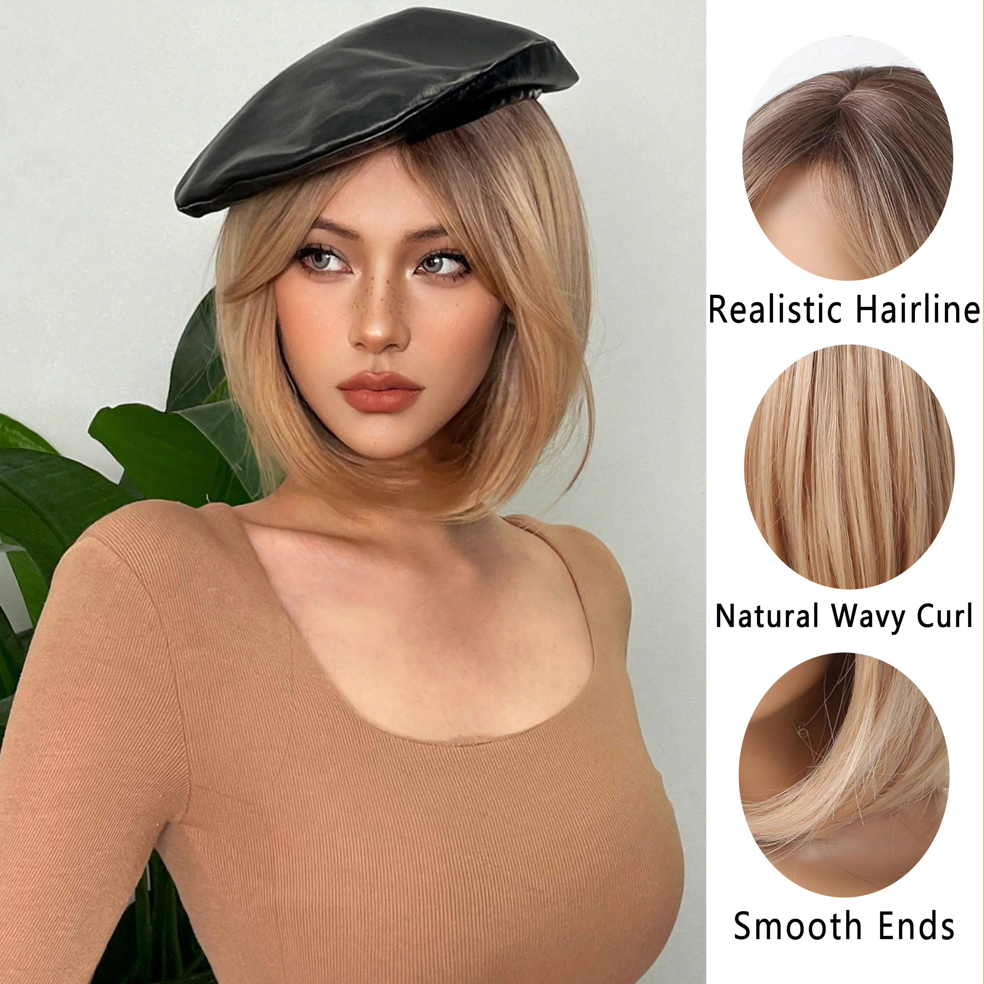 HAIRCUBE krótkie peruki syntetyczne proste blond podkreślanie peruki z grzywką Bob złote dla kobiet odporne na ciepło włókna włosów Cosplay