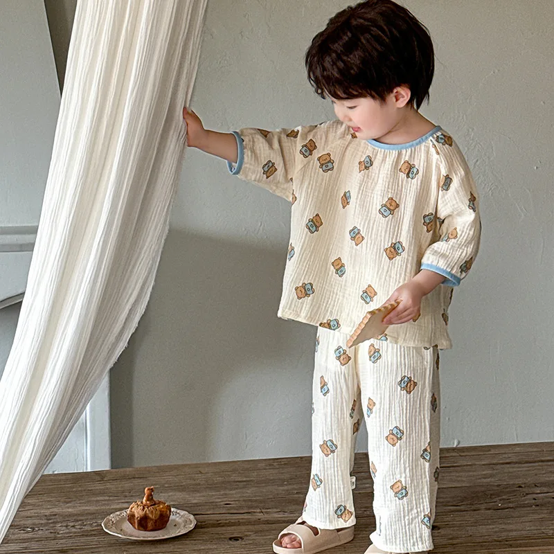 Korean Kids Pajamas Set Long Sleeved Cotton Printed Cardigan+Pants Children Pajama Suit Baby Girls Boys Home Wear