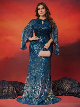 Lucyinlove בתוספת גודל שרוולים ארוכים אלגנטי פאייטים שמלת ערב כחול נשים נשים יוקרה קומה רשמית Lightנשף קוקטייל שמלות