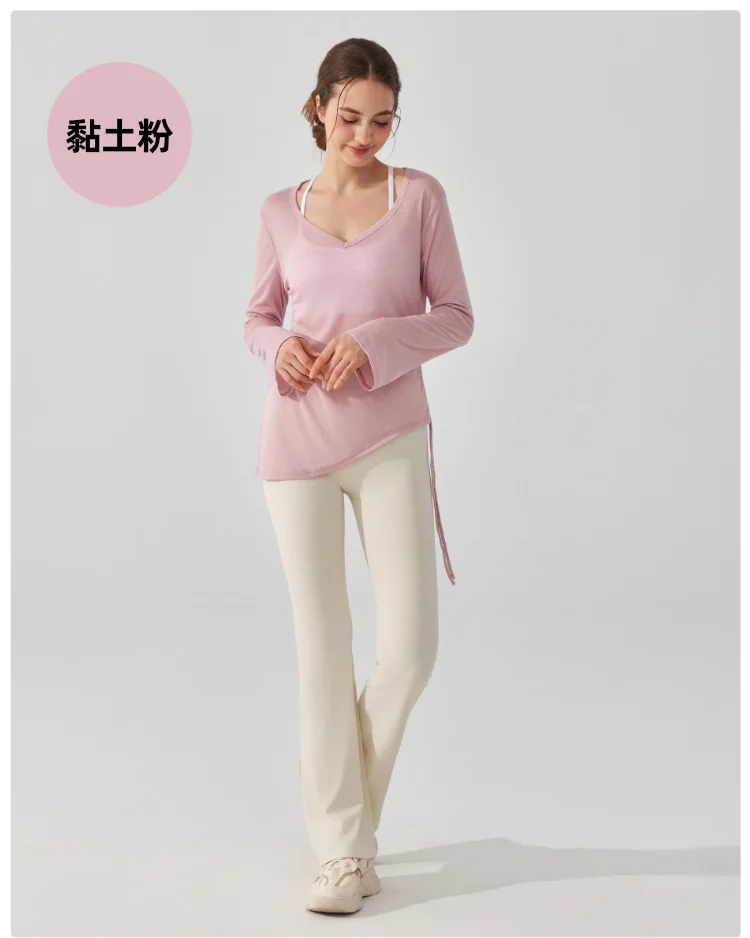 Sporttop mit Kordelzug und Falten für Damen, locker geschnitten, langärmelig, hüftbedeckend, unregelmäßiger Schnitt, geeignet für Pilates, Fitness und Yoga. – Detail 7